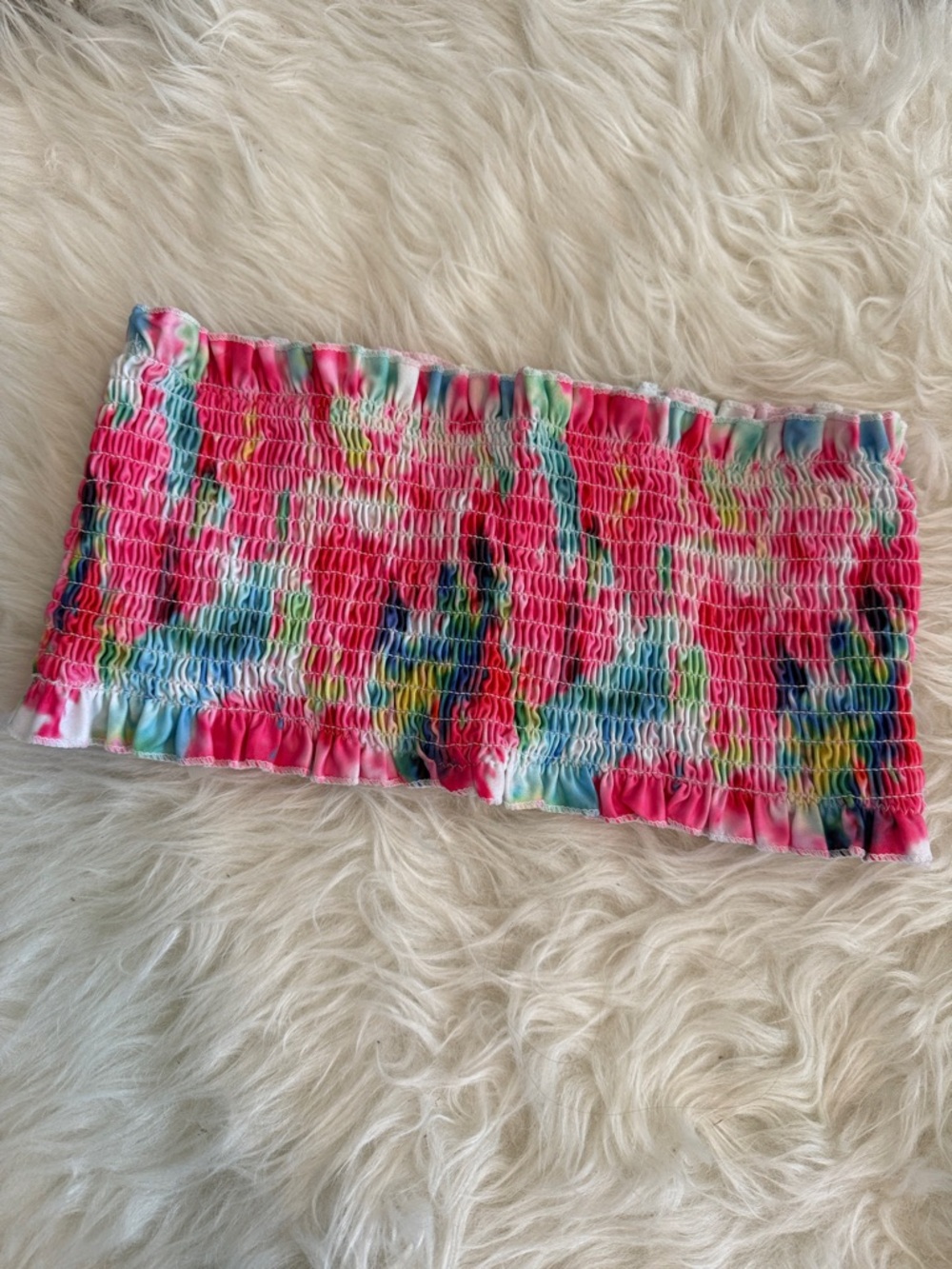SHEIN Pink Multicolor Smocked Bandeau Bikini Top